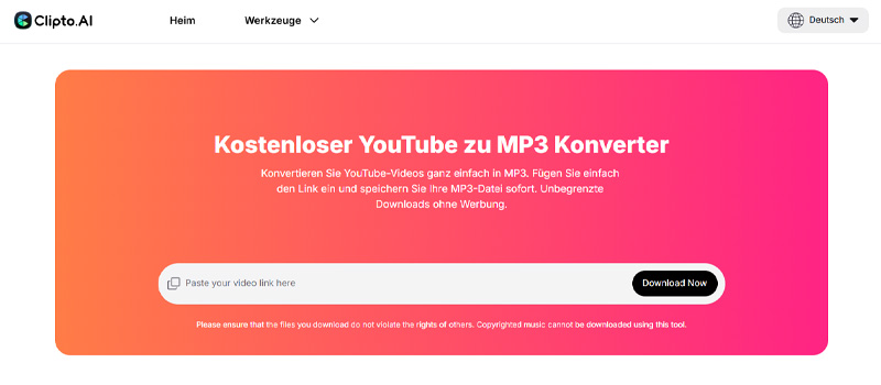 Clipto Kostenloser YouTube zu MP3 Downloader Online