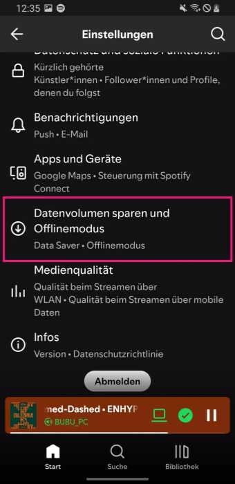 Datenvolumen sparen und Offlinemodus in Spotify auf Android