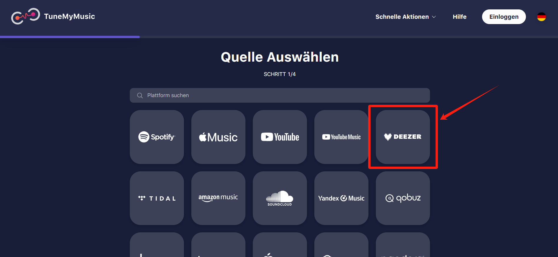 Deezer als Quelle auf TuneMyMusic wählen