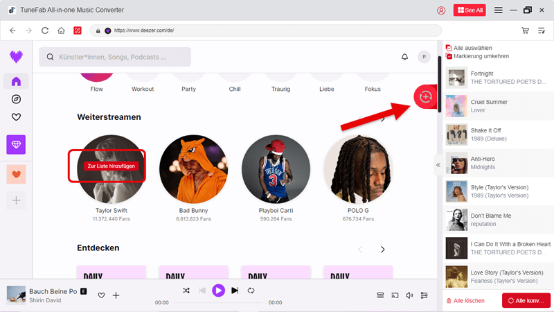 Deezer-Songs zur Konvertierungsliste hinzufügen