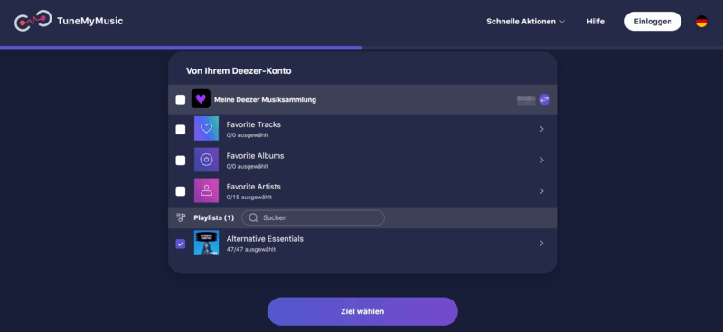 Deezer Playlist auf TuneMyMusic auswählen
