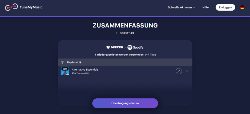 Deezer Playlist zu Spotify via TuneMyMusic übertragen