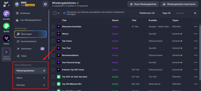 Deezer Playlist zur Übertragung auf Soundiiz wählen