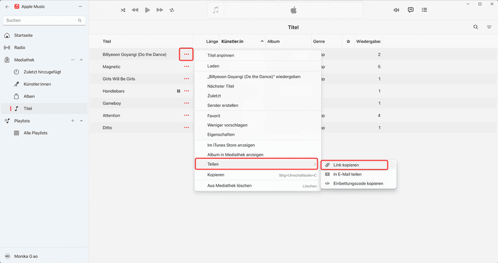 Den Link des Songs auf Apple Music kopieren