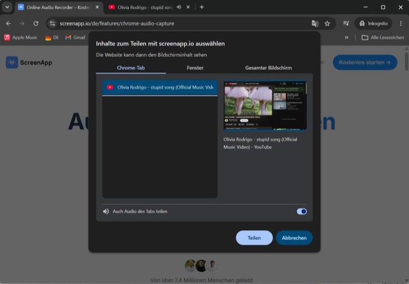die Aufnahmequelle in ScreenApp bestimmen