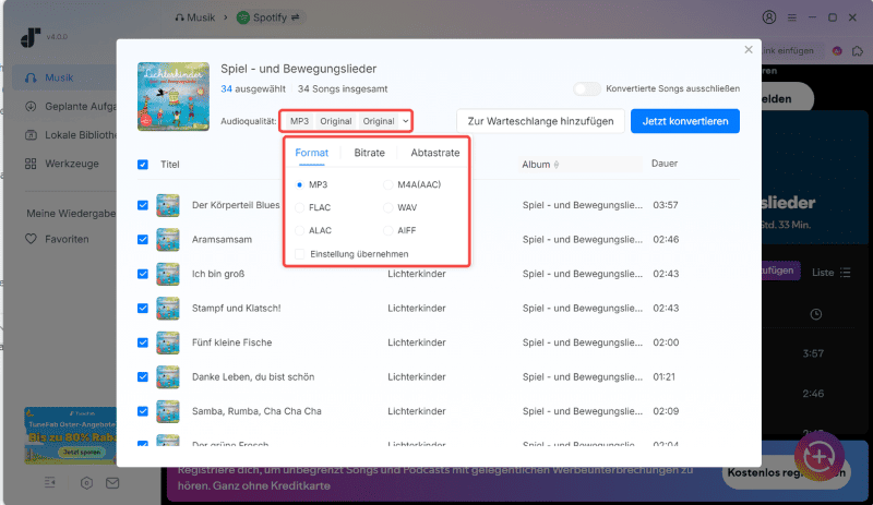 Die Ausgabeformate von Spotify-Kinderlieder auswählen