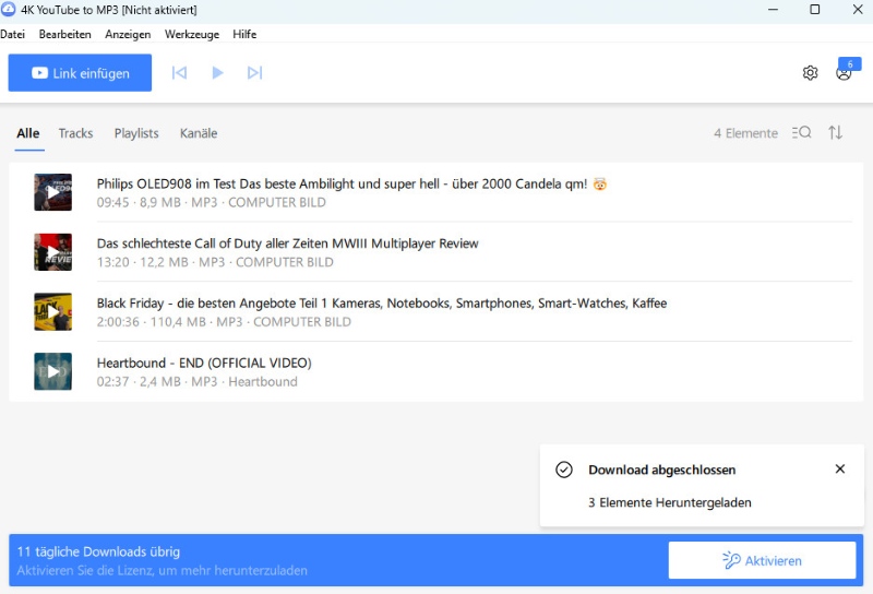 Die Benutzeroberfläche von 4K YouTube to MP3