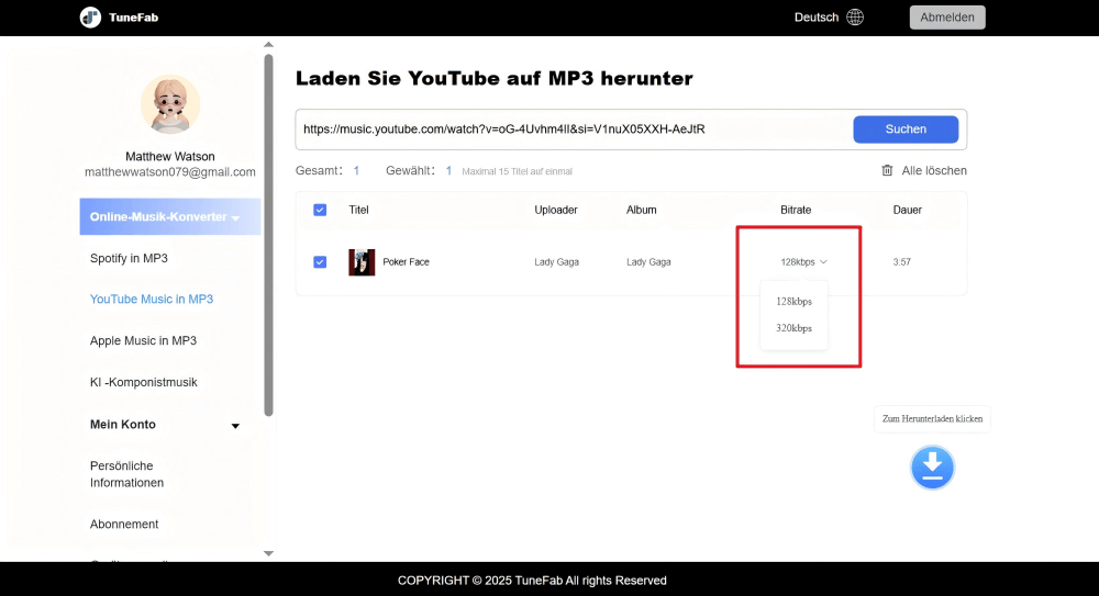 Ausgabe Bitrate auswählen und YouTube Lied downloaden