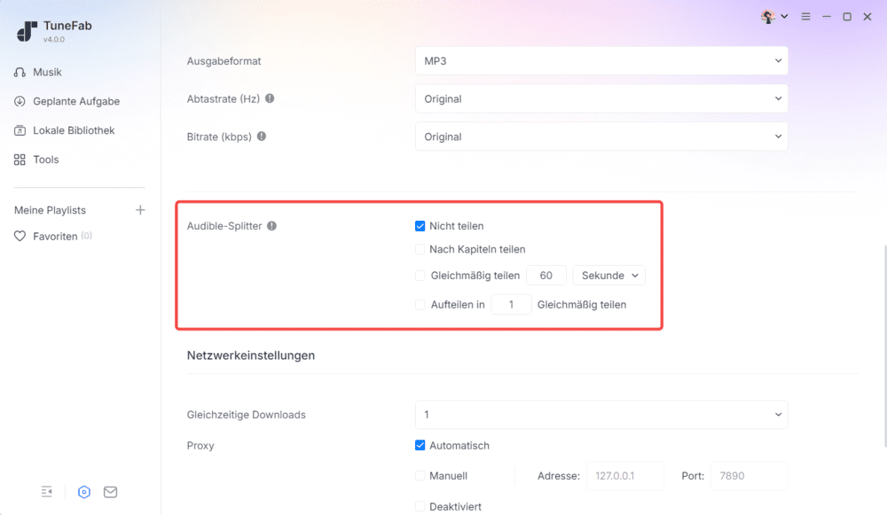 Die Einstellungen von Audible-Splitter