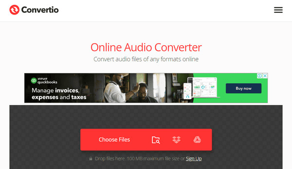Die Hauptseite von Convertio Audio Converter