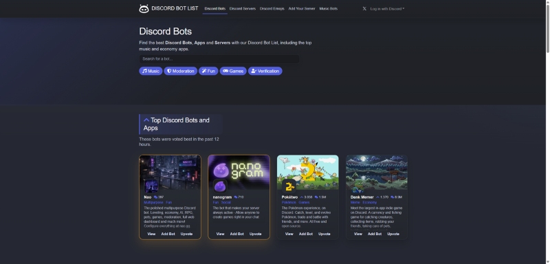 Die Hauptseite von Discord Bot List