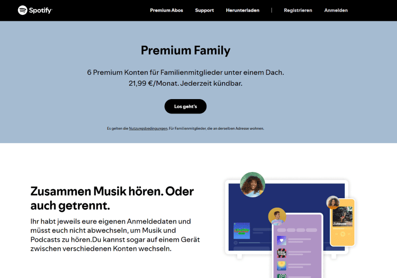 Die Hauptseite von Spotify Premium Family