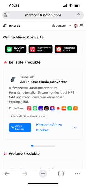 Die Hauptseite von TuneFab Online Konverter auf Handy