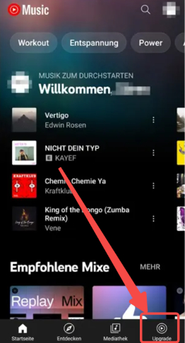 Die Hauptseite von YouTube Music auf Handy