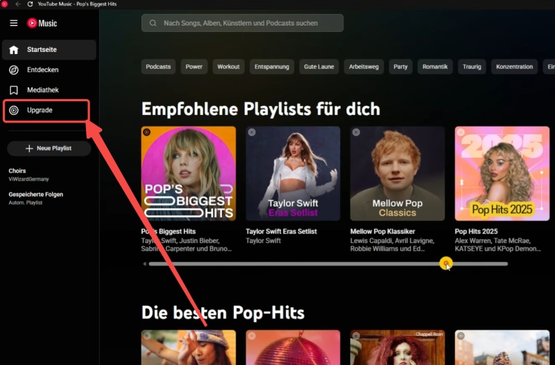 Die Hauptseite von YouTube Music auf Webplayer