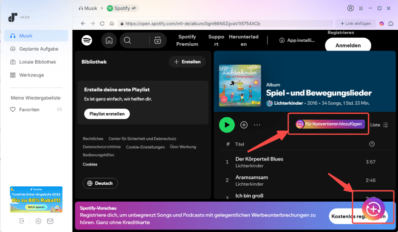 Die Spotify-Kinderlieder zur Konvertierungsliste hinzufügen
