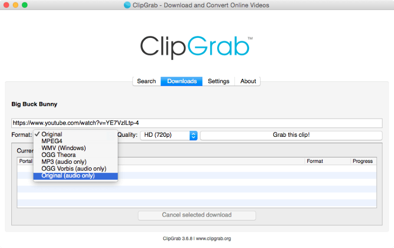 Die Startseite von ClipGrab