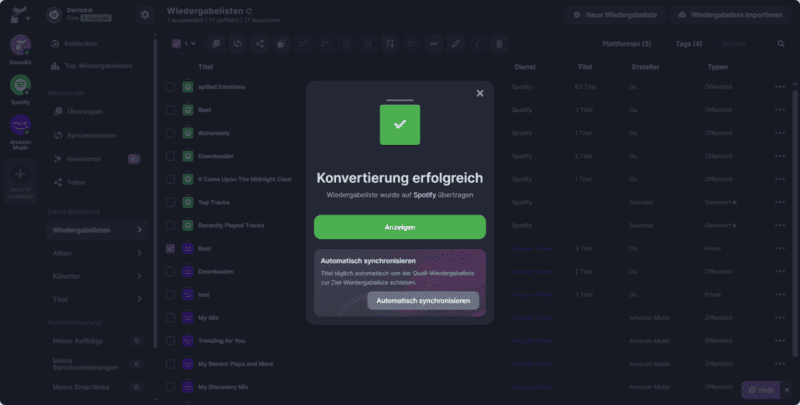 Soundiiz Übertragung abgeschlossen