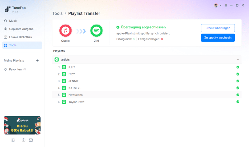 Erfolgreiche Übertragung von Playlist Apple Music zu Spotify