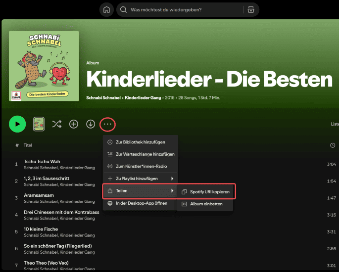 Die URL von Spotify-Kinderlieder holen