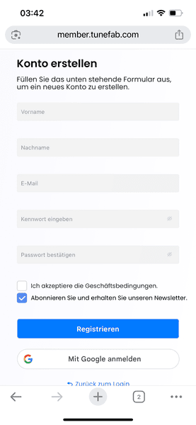 Ein TuneFab Konto auf Handy registrieren