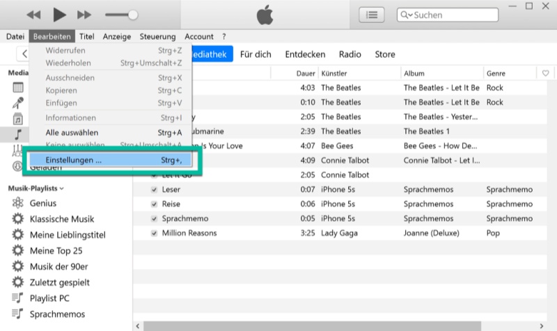 Einstellungen in iTunes