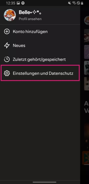 Einstellungen und Datenschutz in Spotify auf Android