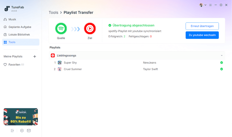 Erfolgreiche Übertragung von Playlist Spotify zu YouTube