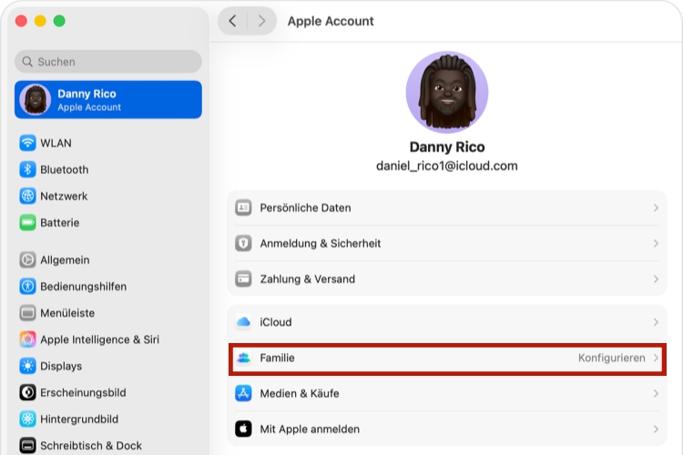 Familie-Funktion auf macOS