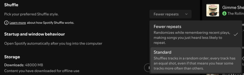 Fewer Repeats und Standard in Spotify