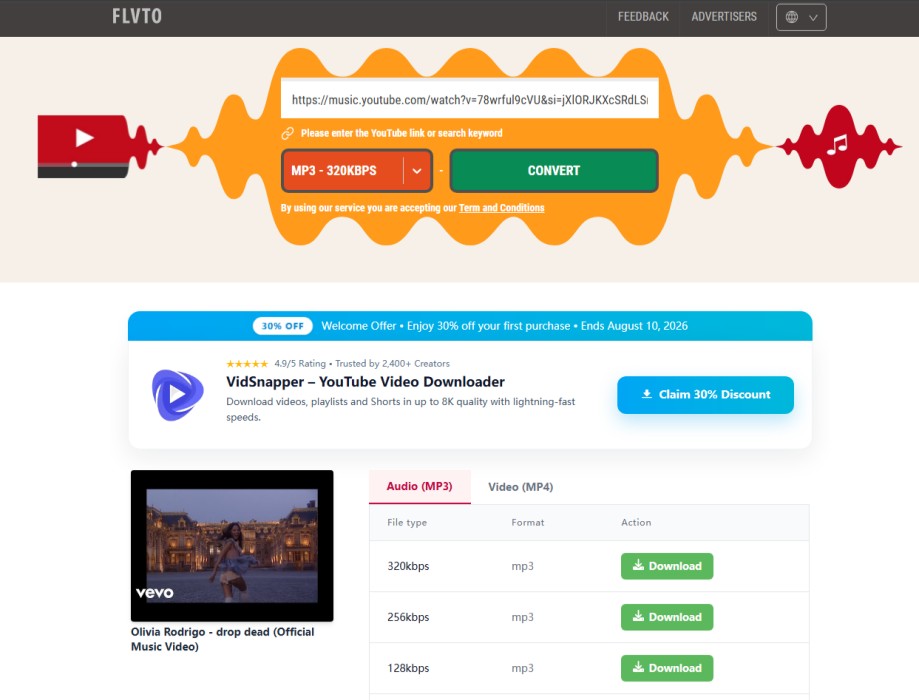 Flvto YouTube to MP3 Music Downloader