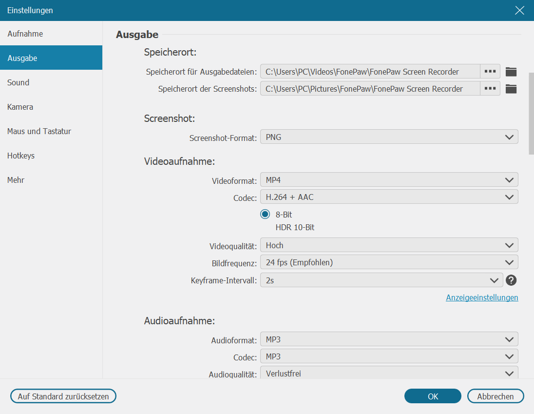 Fonepaw Bildschirmrekorder Audioformat als MP3 wählen