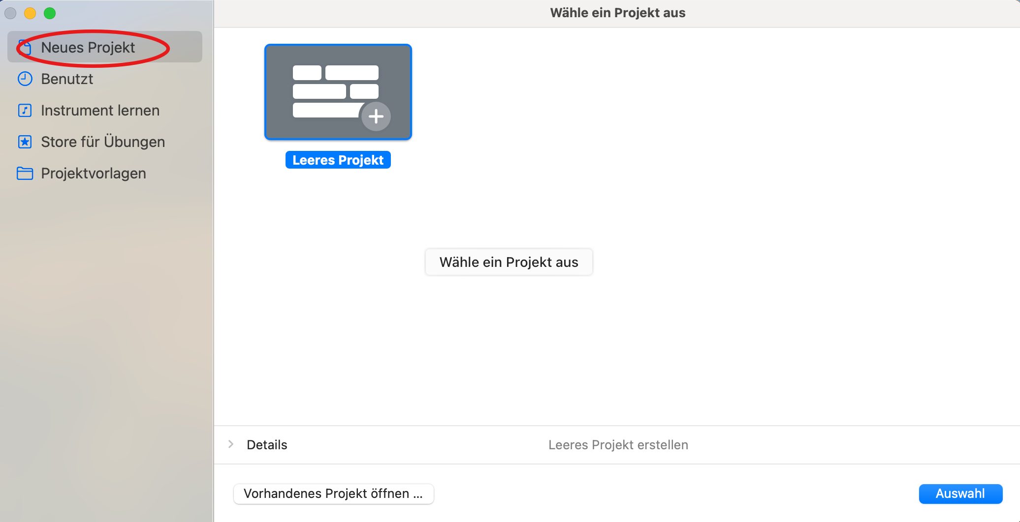 Leeres GarageBand-Projekt erstellen