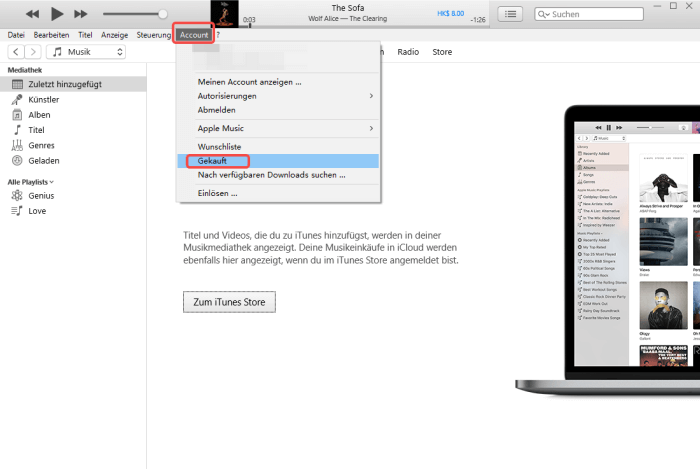 Gekaufte Musik von iTunes Store auf iTunes finden