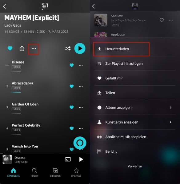 Gekaufte Songs in Amazon Music auf Handy herunterladen