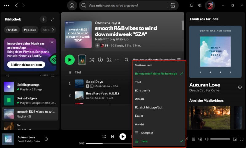 Große Playlists neu sortieren