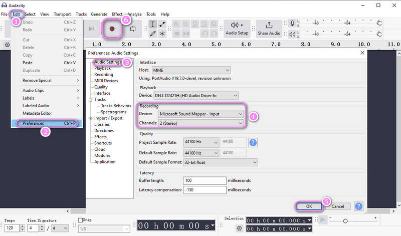 Hauptseite von Audacity