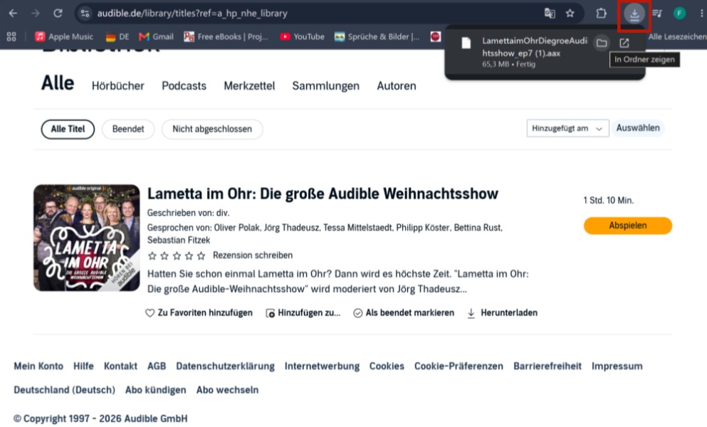 Heruntergeladene Audible-Hörbücher im Browser finden