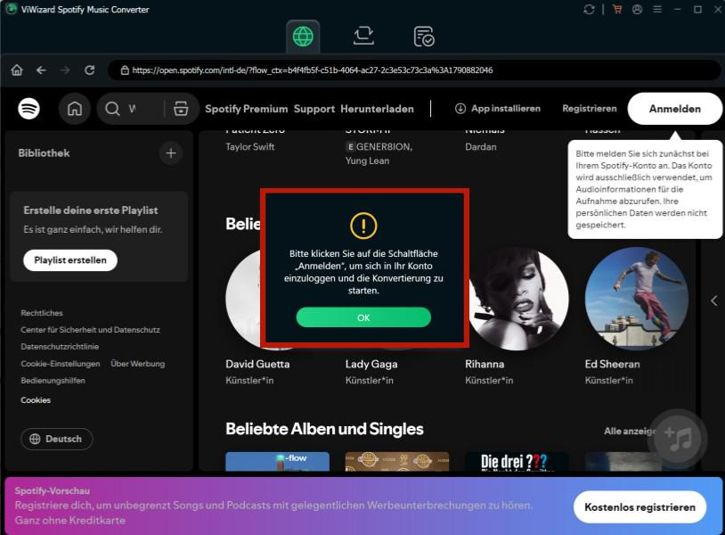 Hinweise zur Anmeldung bei ViWizard Spotify Music Converter