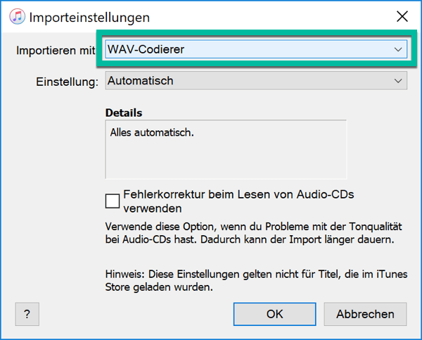Importeinstellungen in iTunes auf PC