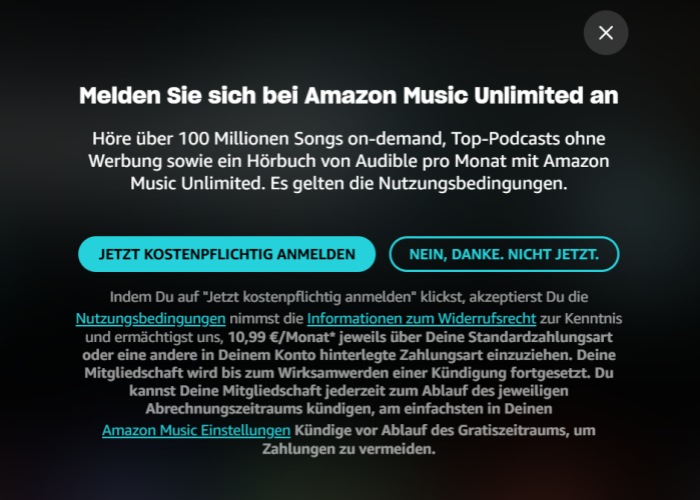 in Amazon Music Konto sich kostenpflichtig anmelden
