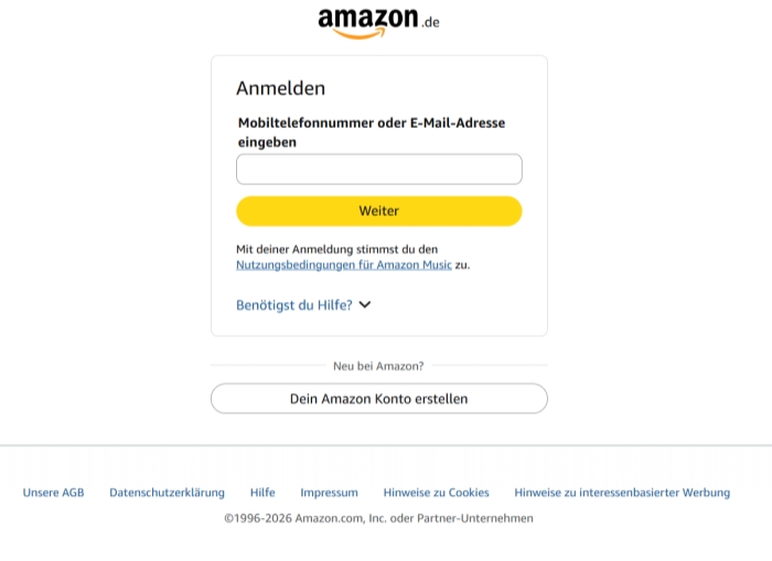 In Amazon Music Website Konto angeben