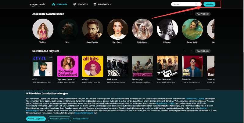In Amazon Music Website sich Konto anmelden