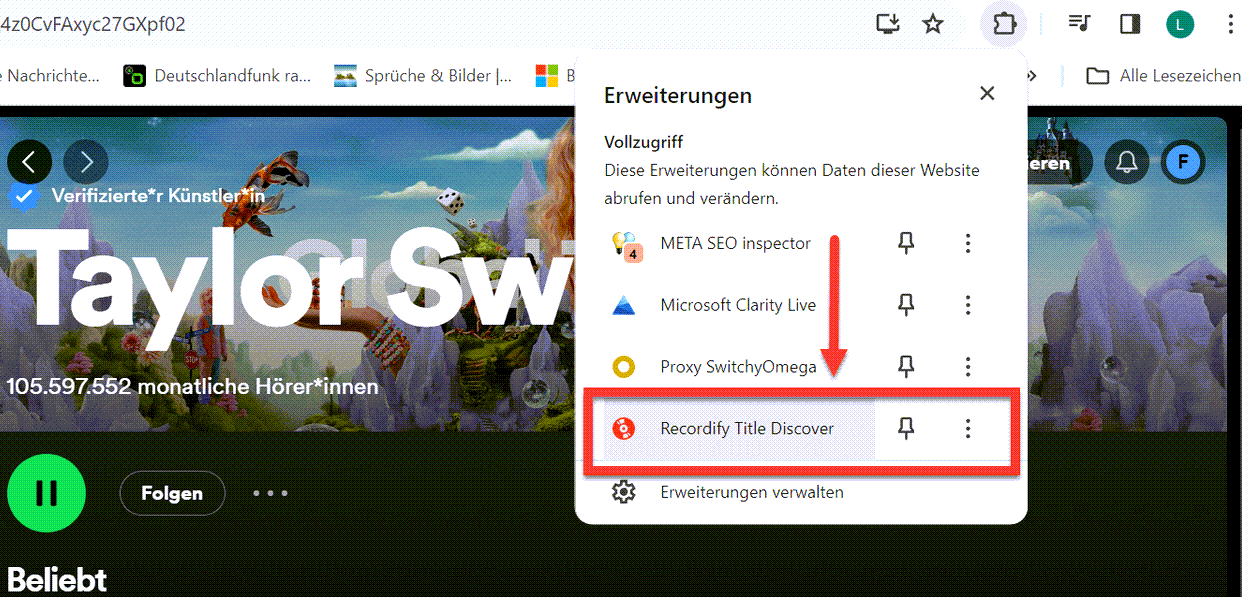Alt: in Erweiterungen Recordify Titel Discover finden