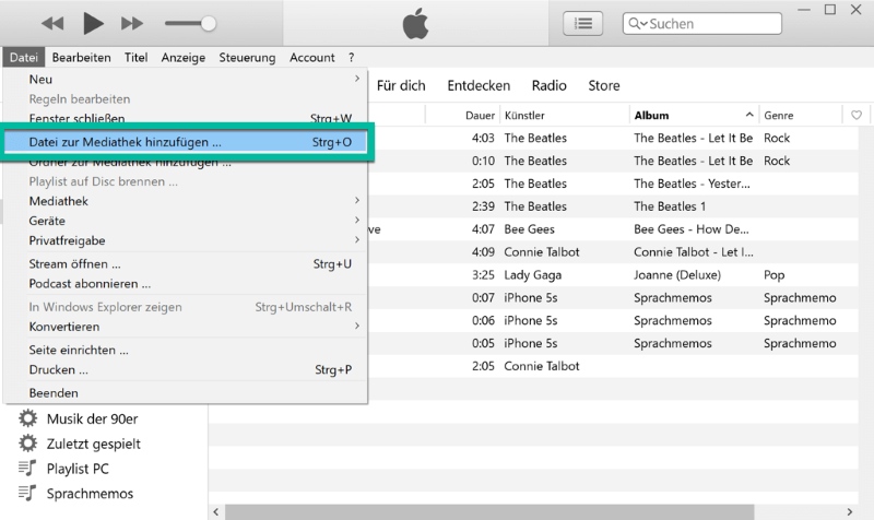 In iTunes „Datei zur Mediathek hinzufügen“ auswählen