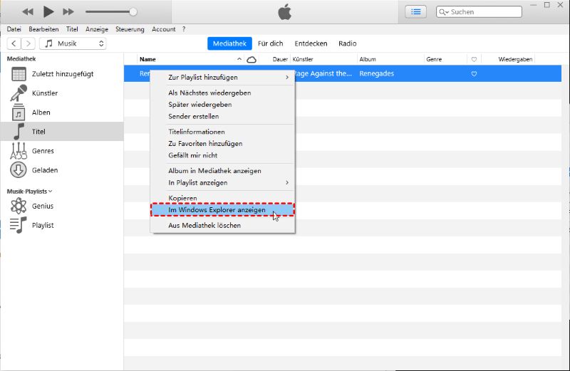 In iTunes „Im Windows-Explorer anzeigen“ auswählen