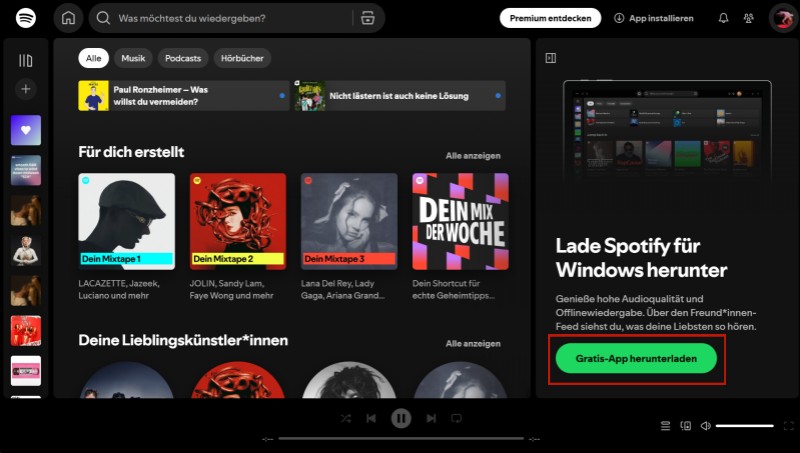 in Spotify Webplayer gratis App herunterladen