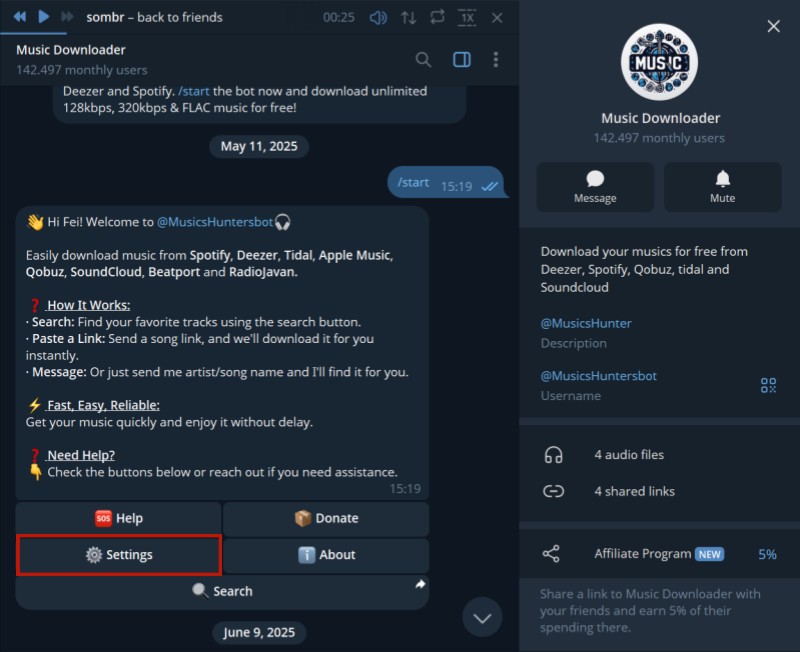 in Telegram FLAC als Ausgabeformat einstellen