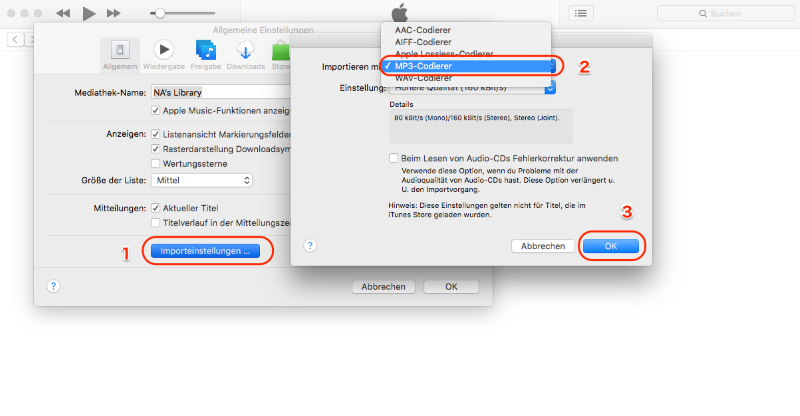 iTunes-Einstellungen für den MP3-Codierer unter macOS