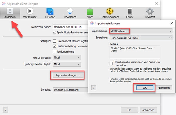 iTunes-Einstellungen für den MP3-Codierer unter Windows